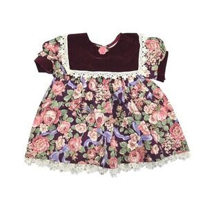 Vtg Jo Lene Baby Girl Dress 12M Floral Red Lace Ruffle Party Outfit  USA 80s 90s